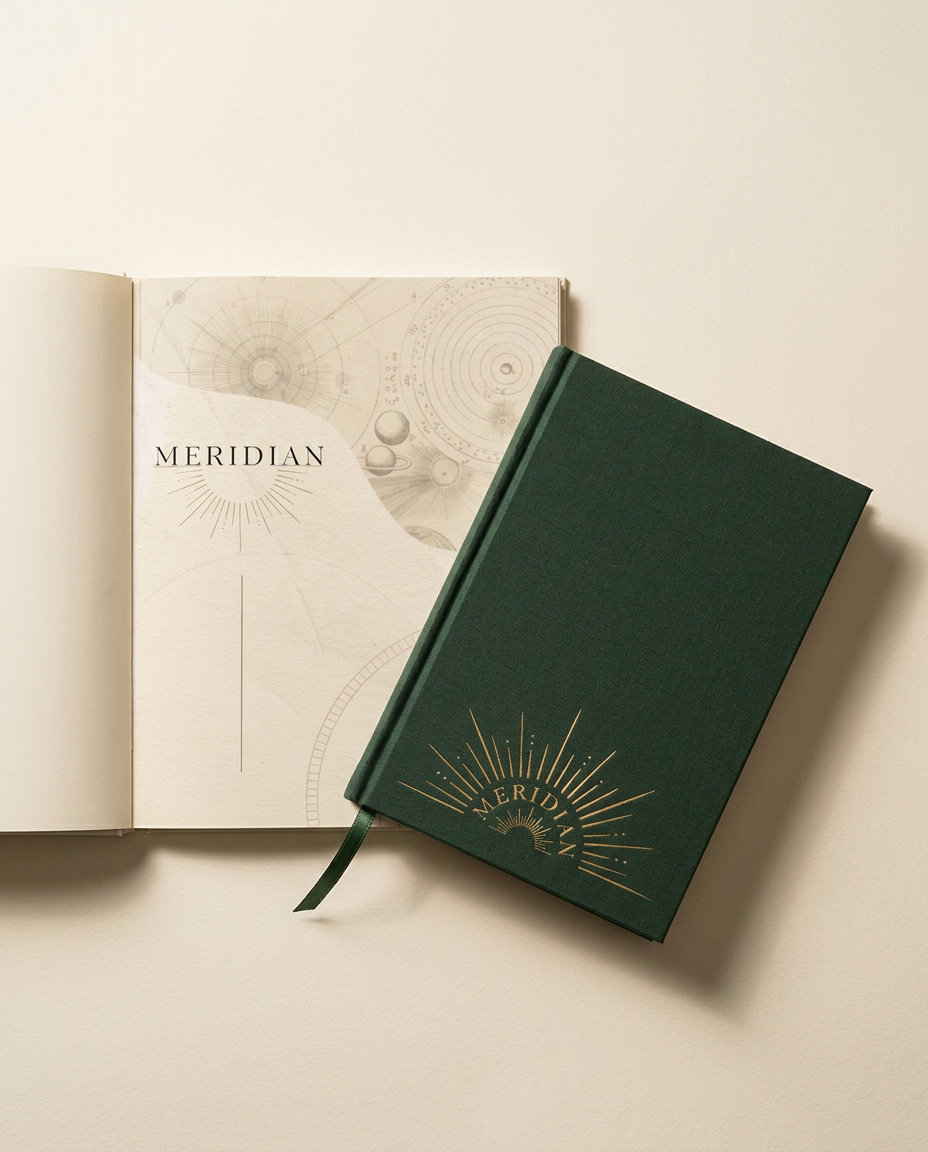 The Meridian planner — a bottle-green cloth hardcover with gold foil sunburst logo, resting slightly askew across its own cream title-page spread
